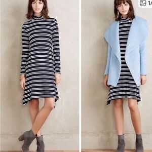 Maeve Anthropologie Striped Navy and White Turtleneck Dress